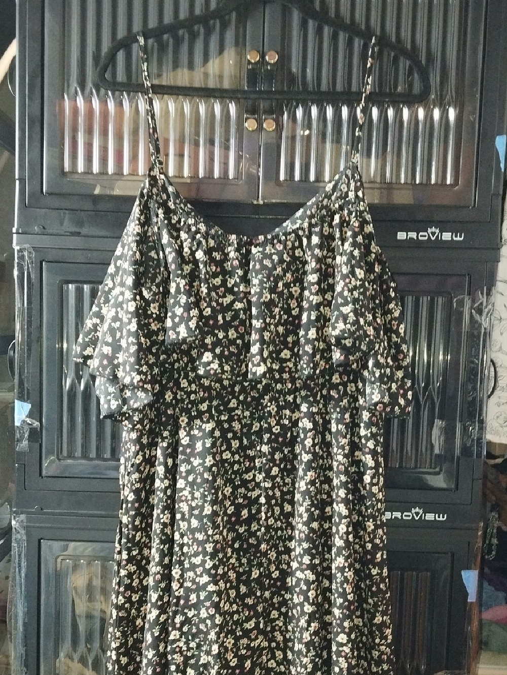 Black Floral Ruffle Mini Dress with Spaghetti Straps
